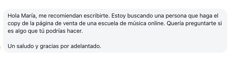 Mensaje buscando copywriter para una escuela de música online