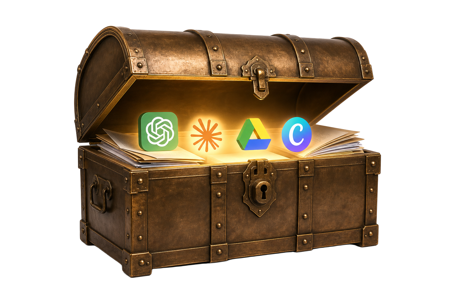 Cofre bronce con herramientas: ChatGPT, Claude, Google Drive, Canva y documentos