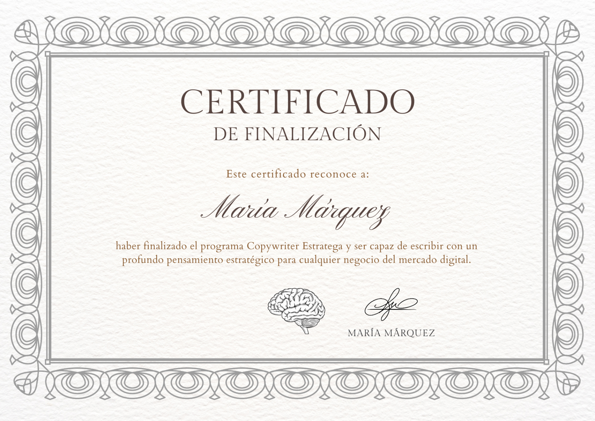 Certificado de finalización de Copywriter Estratega firmado por María Márquez