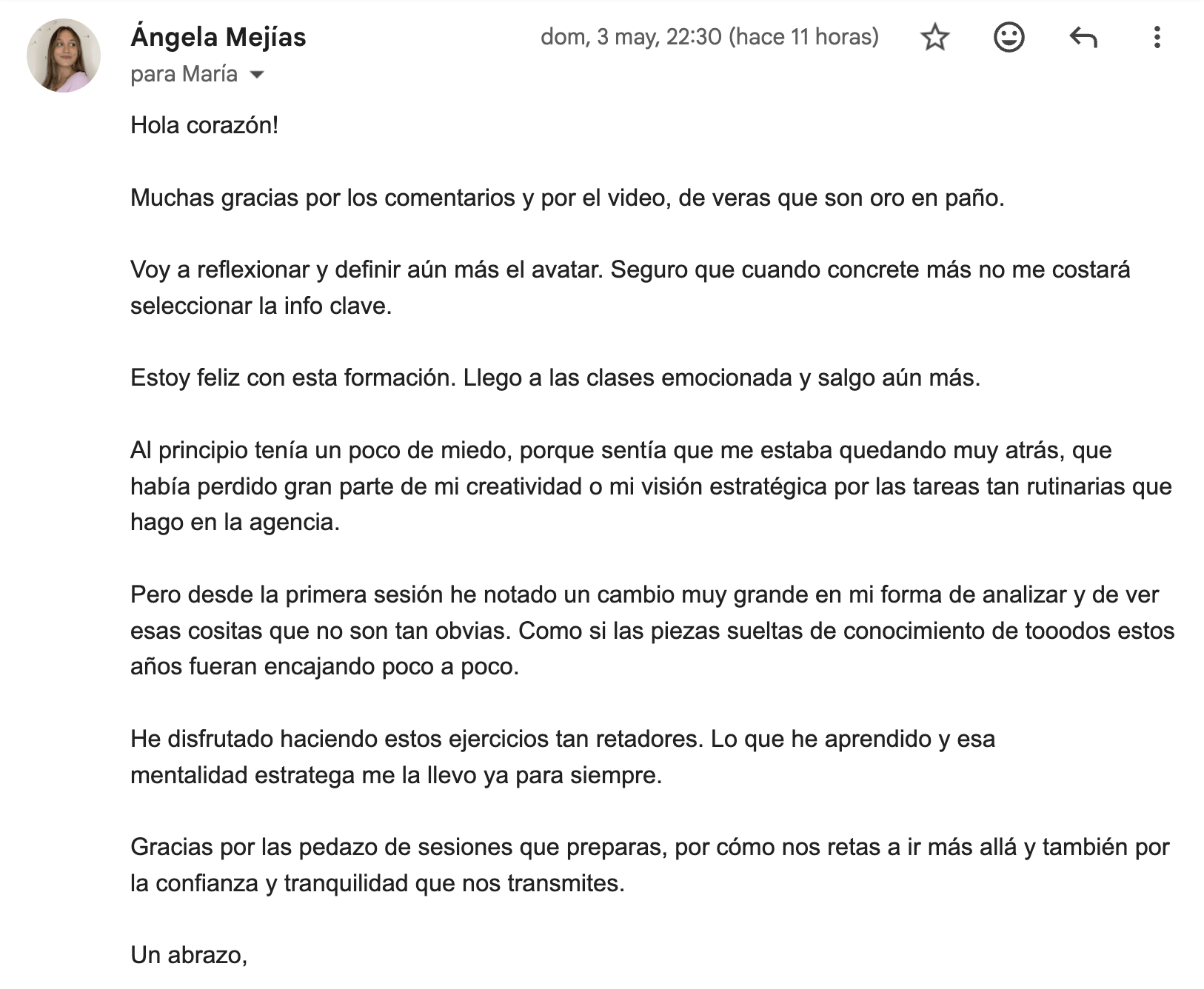 Email de Ángela Mejías sobre su evolución en el programa