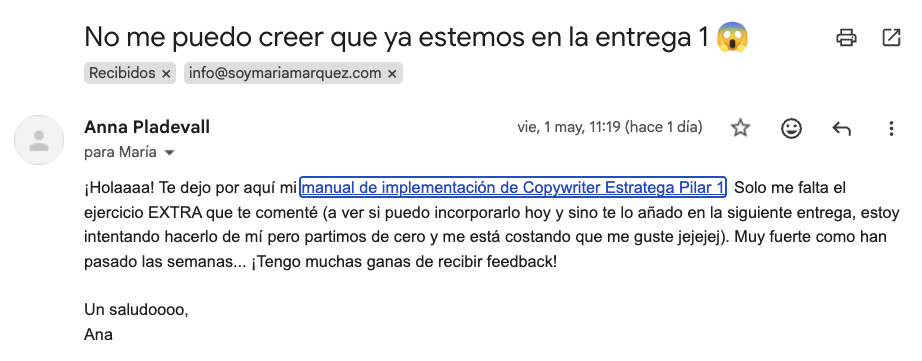 Email de Anna Pladevall con su manual de implementación